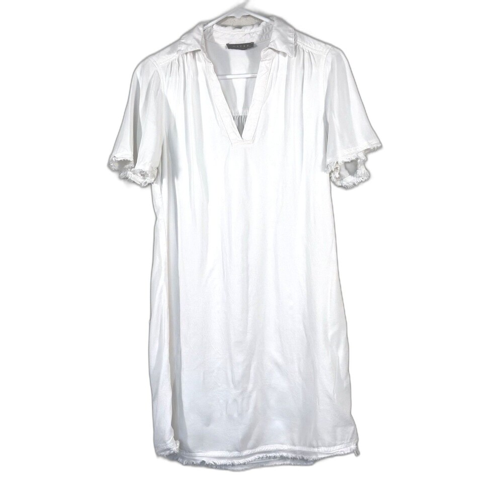 Maven West White Fringe Hem Tencel Dress XS Short Sleeve Raw Edge Shift Boho